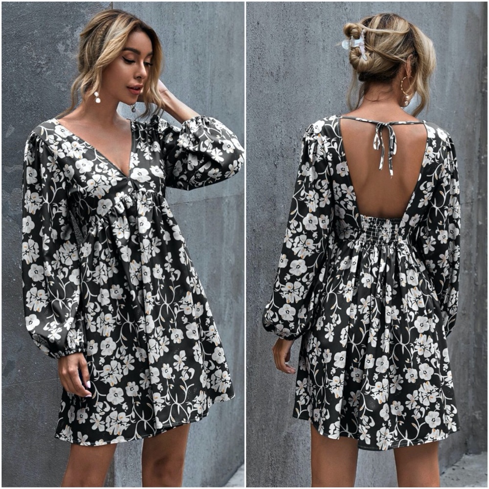 V neck open back floral print mini dress - BRICK - Picture 15 of 16